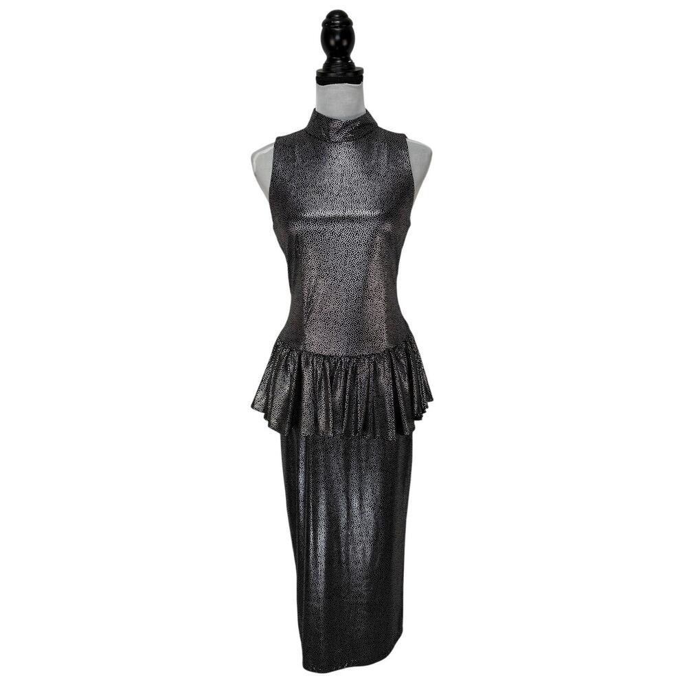 Vintage Silver Dot Sheath Dress Peplum Waist - Women's Size 8